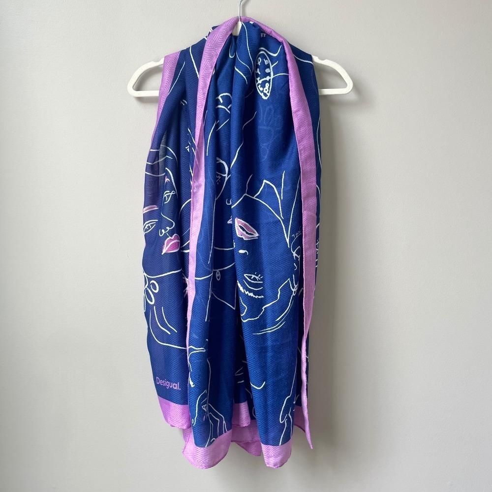 Desigual Scarf Navy Blue Purple Lightweight Large Art to Wear Boho Feminine